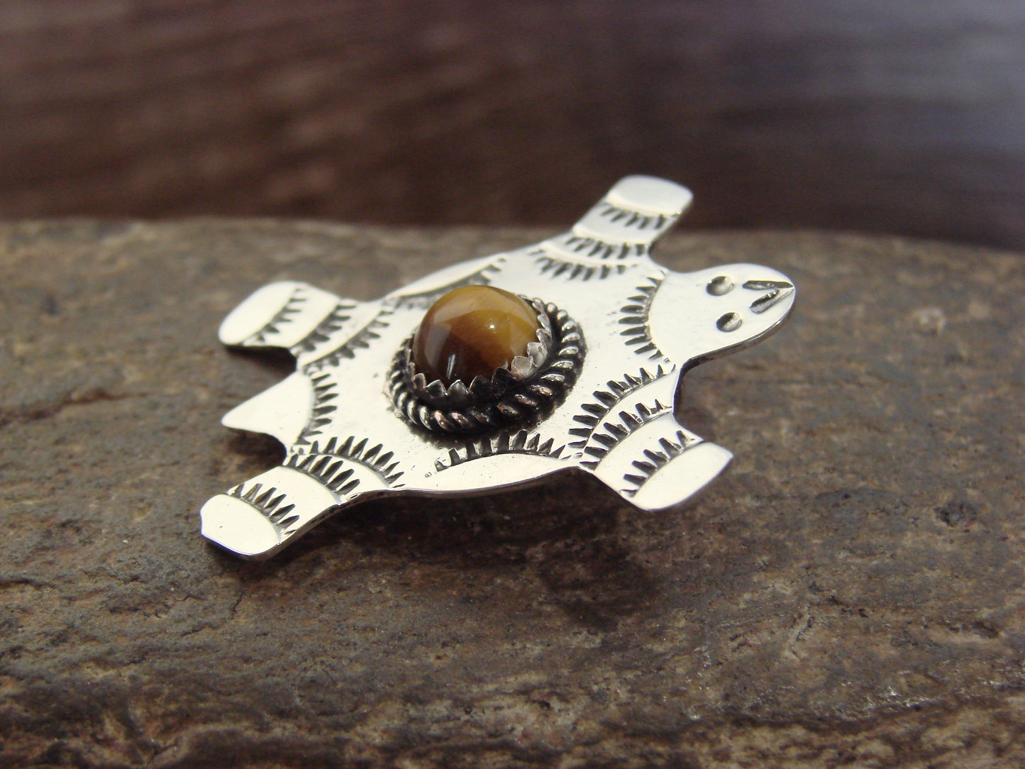 Native American Nickel Silver & Tiger Eye Turtle Pendant - Cleveland