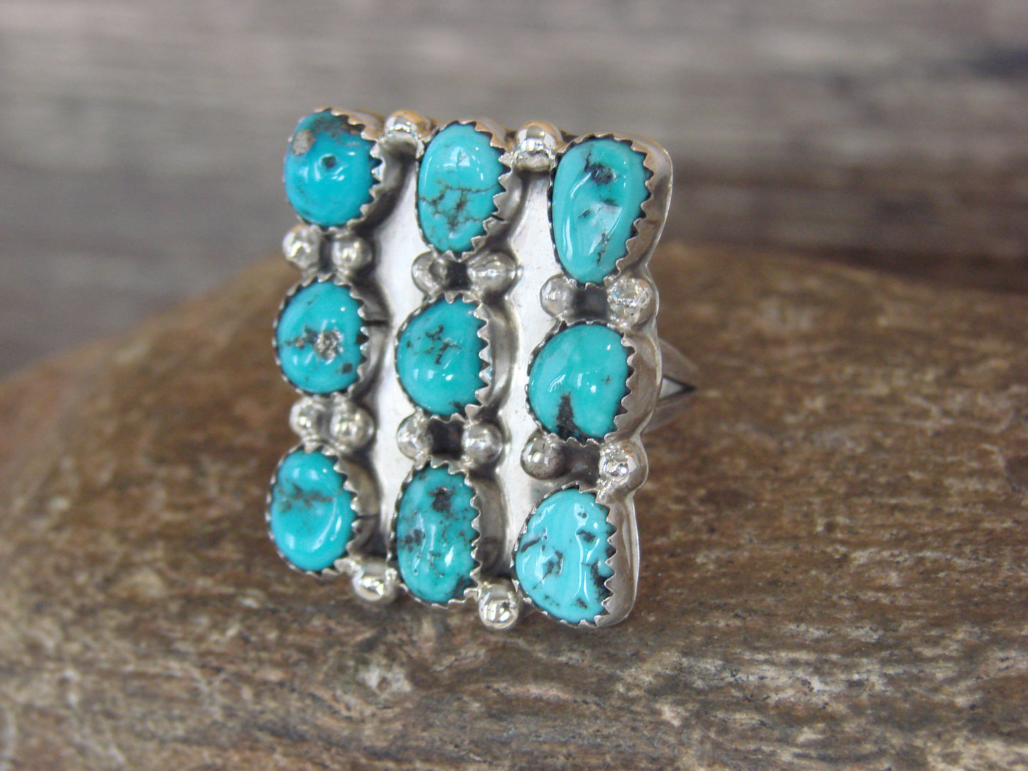 Native American Sterling Silver & Turquoise Cluster Ring - Begay - Size 7.5