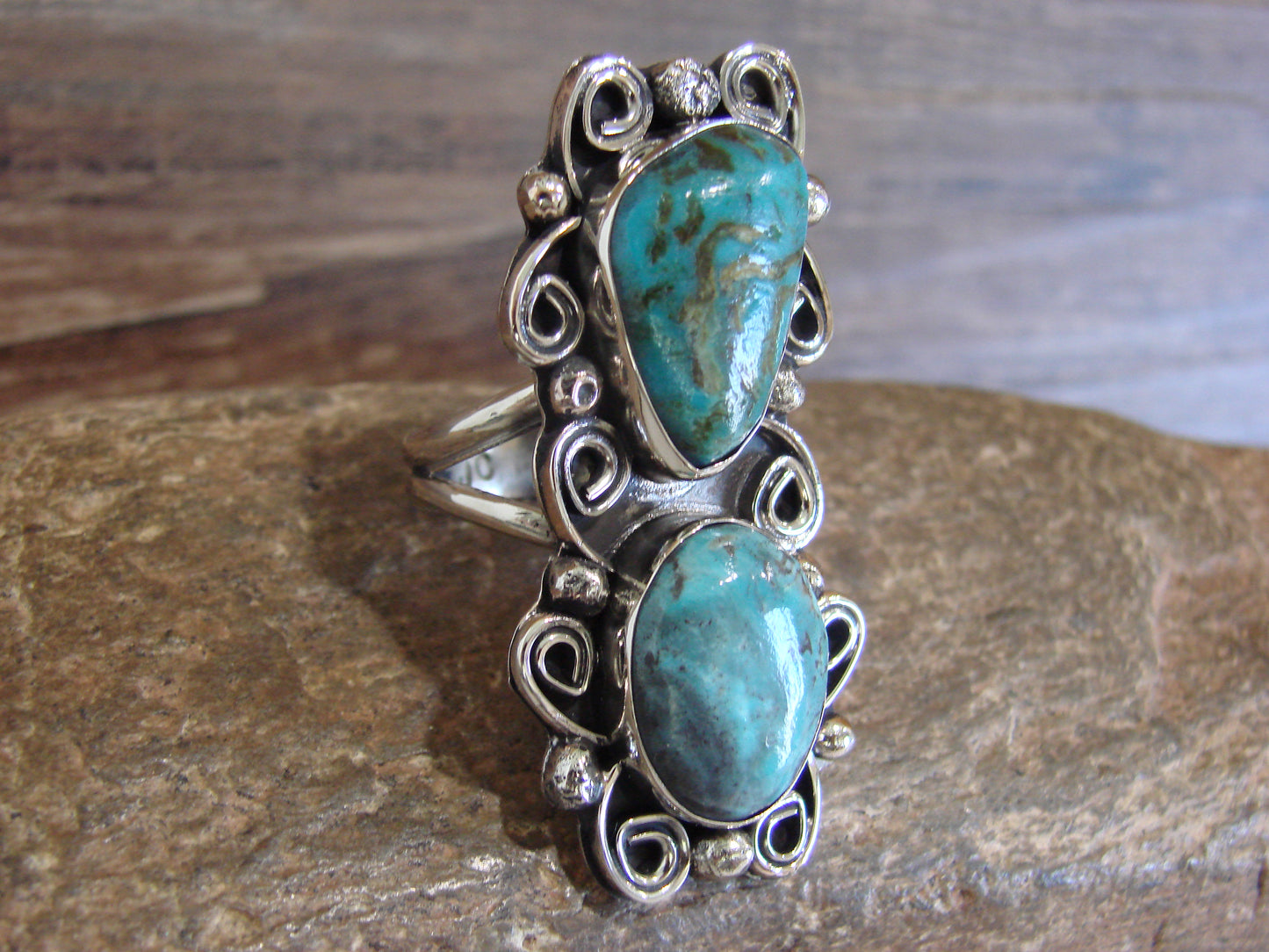 Native American Nickel Silver & Turquoise Ring by Cleveland - Size 11.5