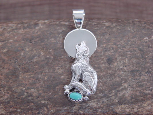 Native American Sterling Silver Turquoise Wolf Pendant by Yellowhair