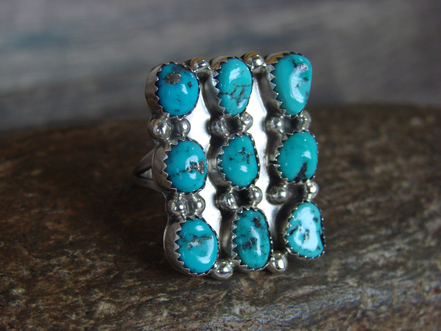 Native American Sterling Silver & Turquoise Cluster Ring - Begay - Size 7.5