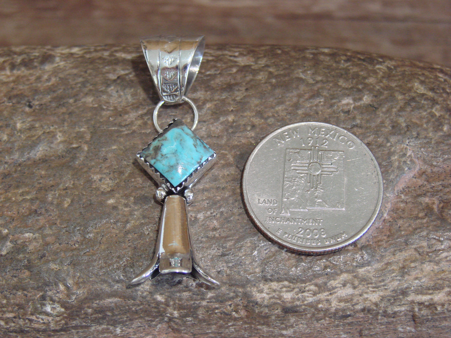 Native American Sterling Silver & Turquoise Squash Blossom Pendant by Coho