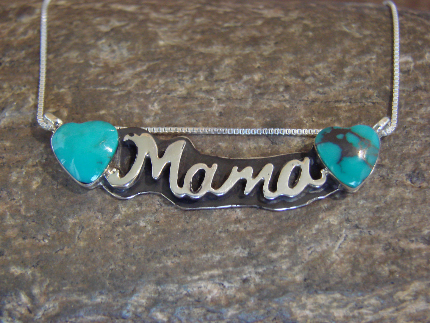 Native American Sterling Silver & Turquoise Heart Mama Necklace Signed Yazzie
