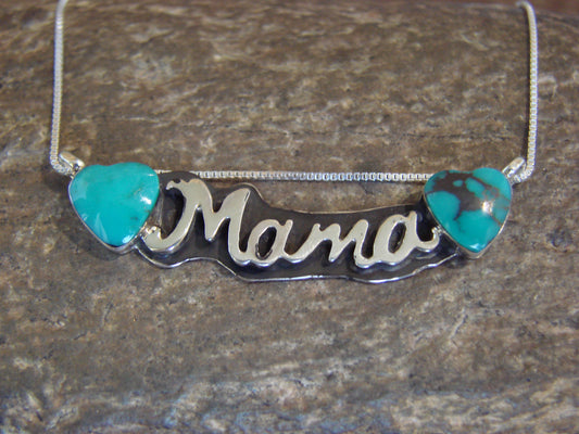 Native American Sterling Silver & Turquoise Heart Mama Necklace Signed Yazzie