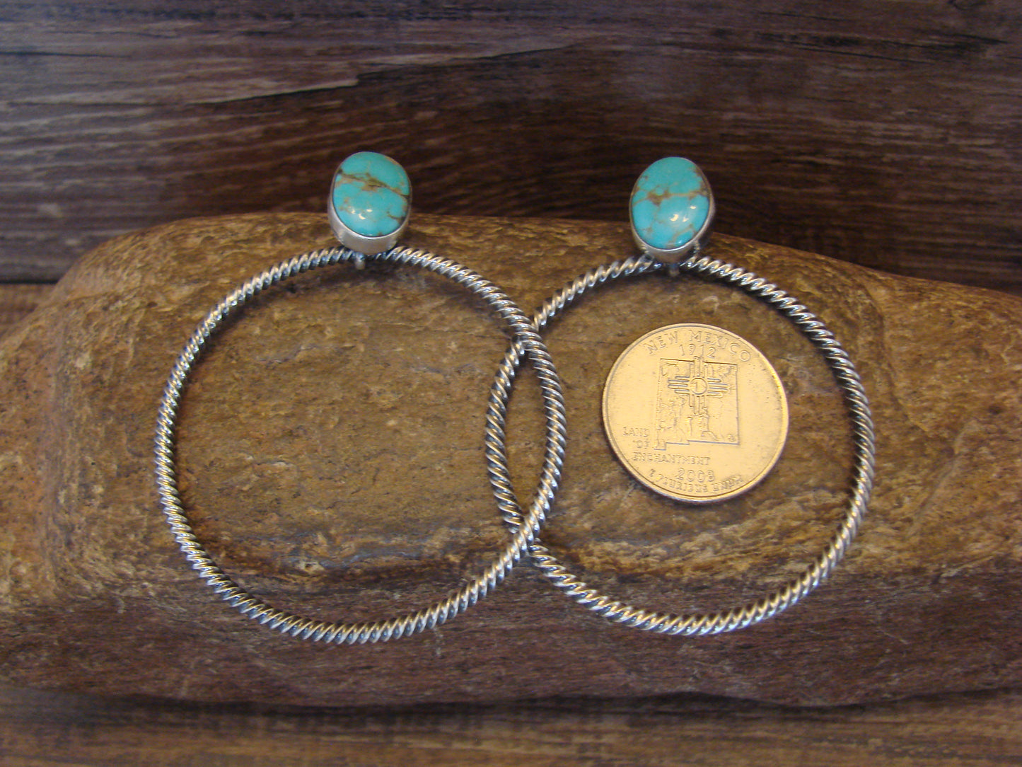 Native American Sterling Silver & Turquoise Hoop Post Earrings - Betone