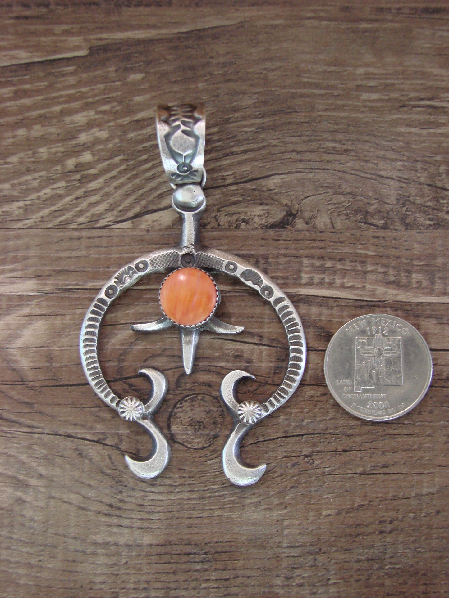Native American Sterling Silver & Spiny Oyster Cast Naja Pendant Signed Billah