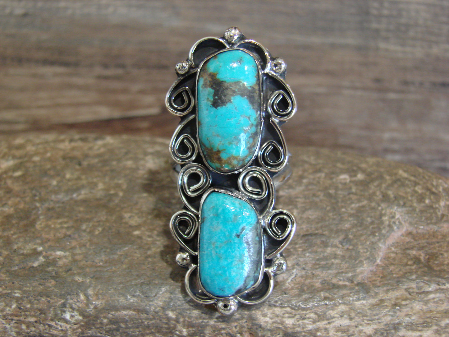 Native American Nickel Silver & Turquoise Ring by Cleveland - Size 11