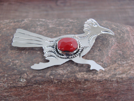 Native American Nickel Silver & Coral Road Runner Pin - Cleveland