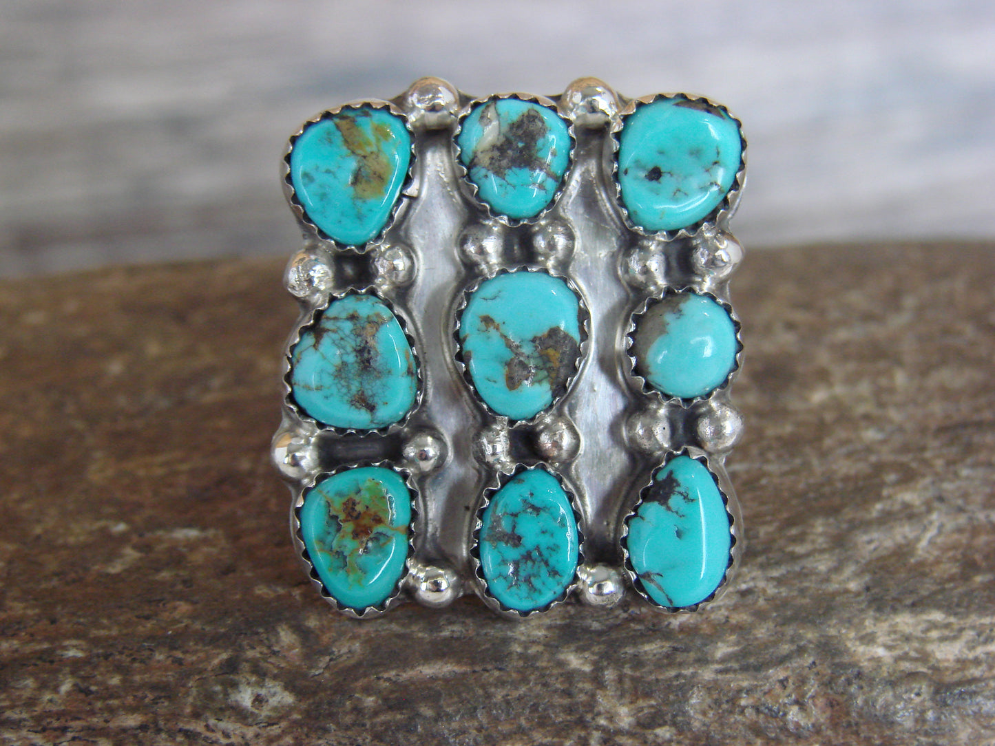 Native American Sterling Silver & Turquoise Cluster Ring - Begay - Size 8.5