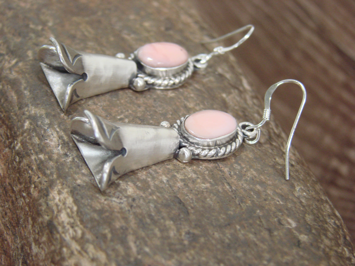Native American Sterling Silver Shell Squash Blossom Dangle Earrings - McCarthy