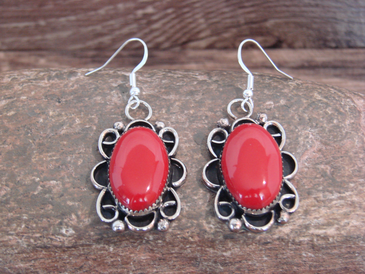 Native American Nickel Silver & Coral Dangle Earrings - Cleveland
