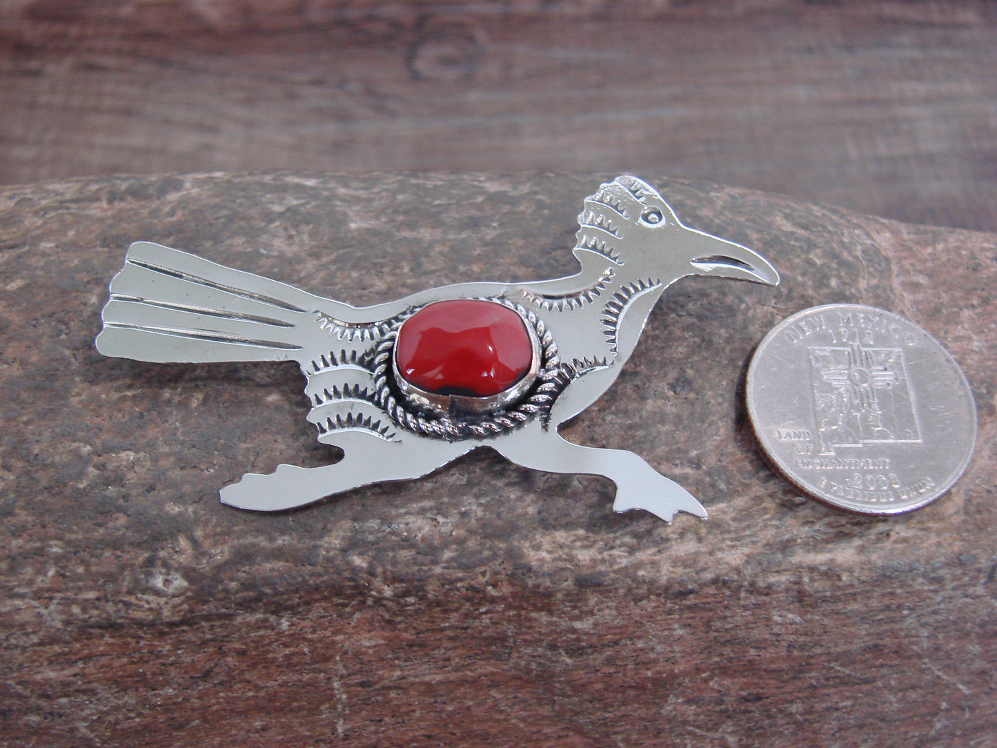 Native American Nickel Silver & Coral Road Runner Pin - Cleveland