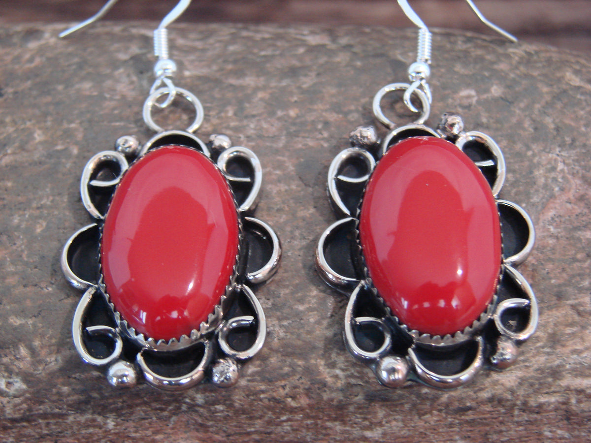 Native American Nickel Silver & Coral Dangle Earrings - Cleveland