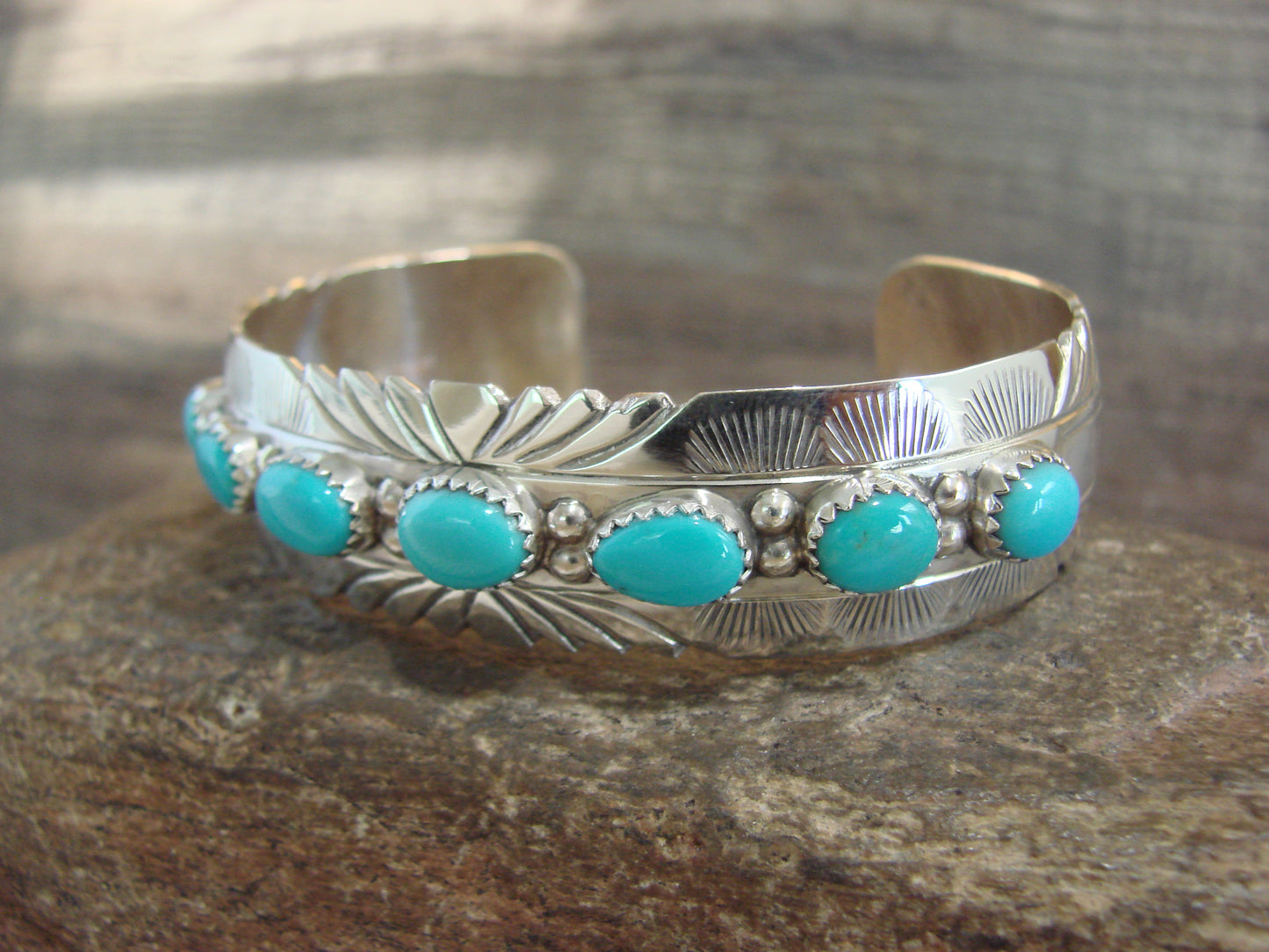 Native American Sterling Silver & Turquoise Row Bracelet by Segar