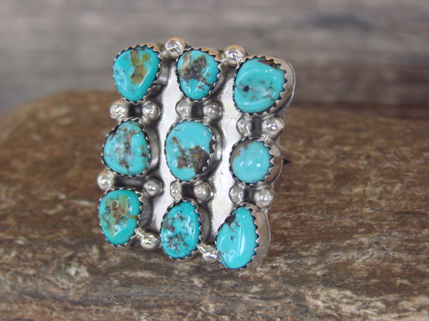 Native American Sterling Silver & Turquoise Cluster Ring - Begay - Size 8.5