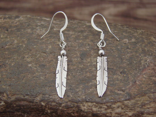 Native American Navajo Indian Sterling Silver Feather Dangle Earrings by Arviso