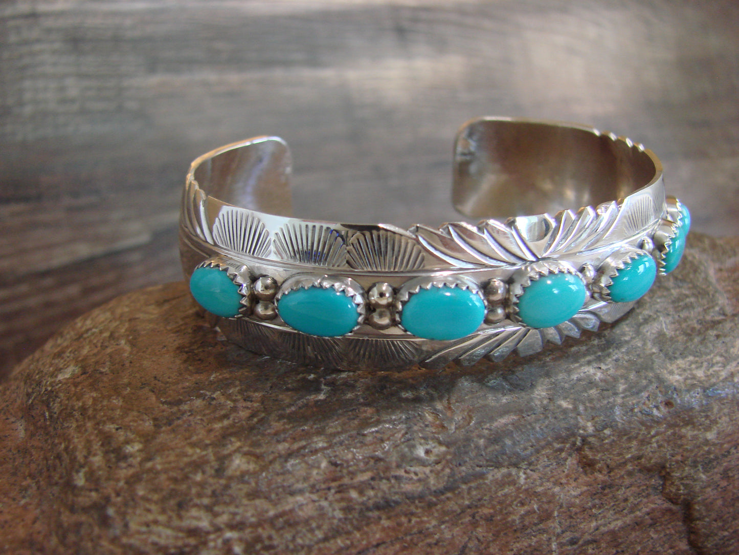 Native American Sterling Silver & Turquoise Row Bracelet by Segar