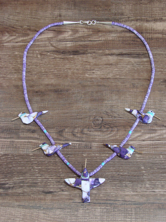 Hand Carved Bronze Purple Turquoise Aggregate  Hummingbird Fetish Necklace - Mitchell