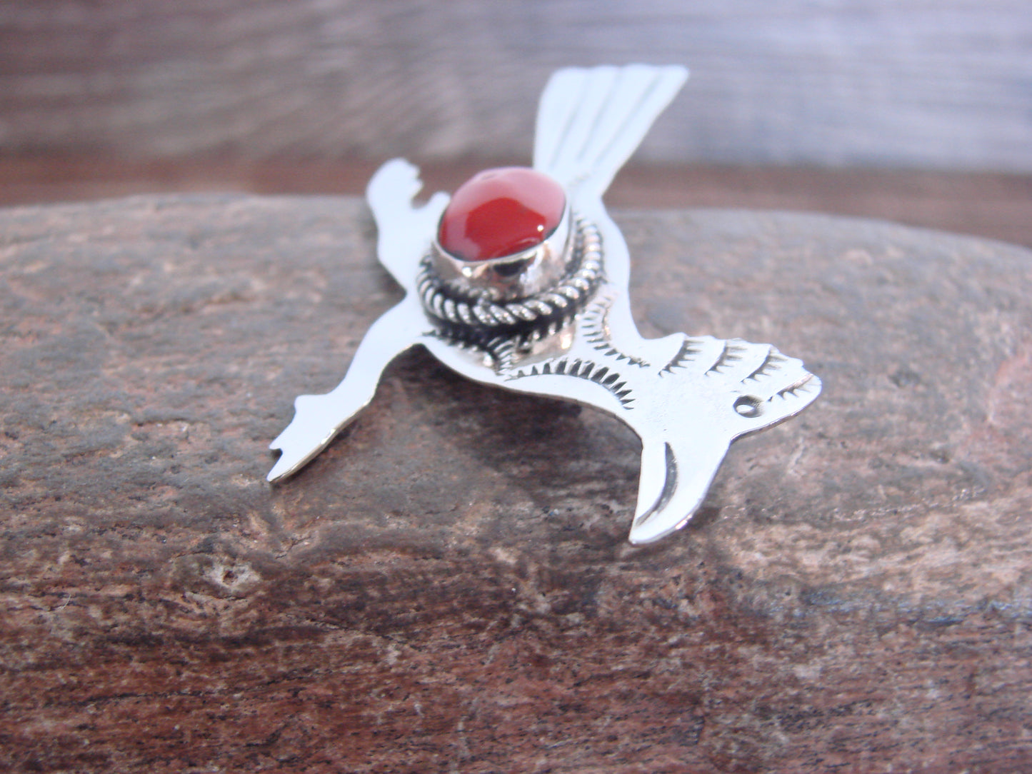 Native American Nickel Silver & Coral Road Runner Pin - Cleveland