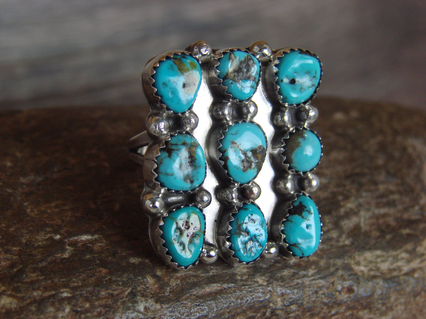 Native American Sterling Silver & Turquoise Cluster Ring - Begay - Size 8.5
