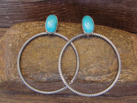 Native American Sterling Silver & Turquoise Hoop Post Earrings - Betone