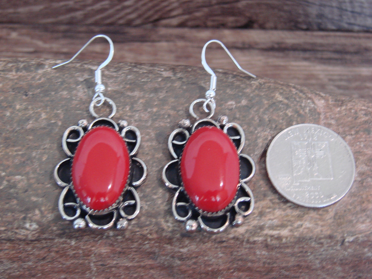 Native American Nickel Silver & Coral Dangle Earrings - Cleveland