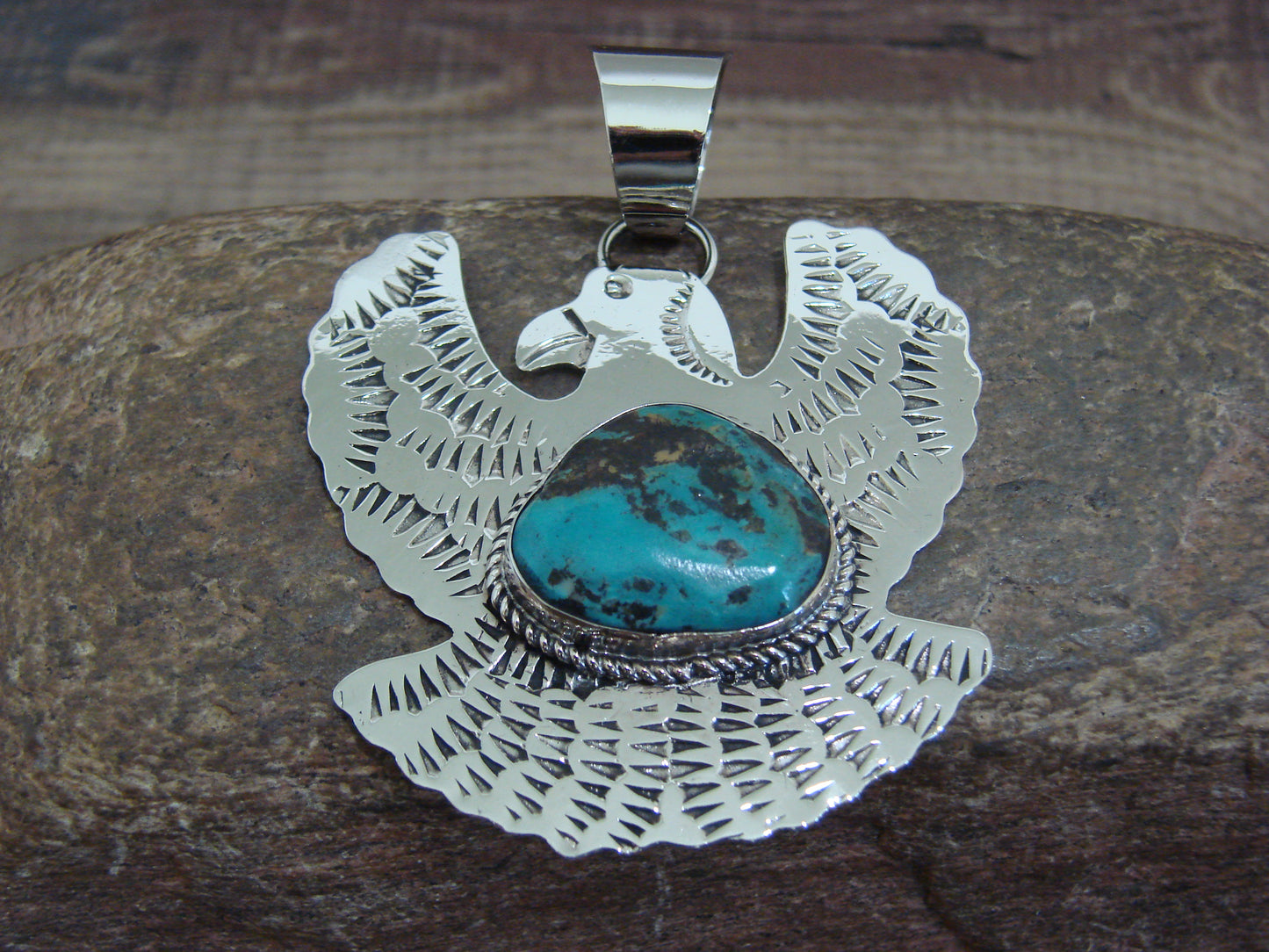 Native American Nickel Silver & Turquoise Eagle Pendant - Cleveland