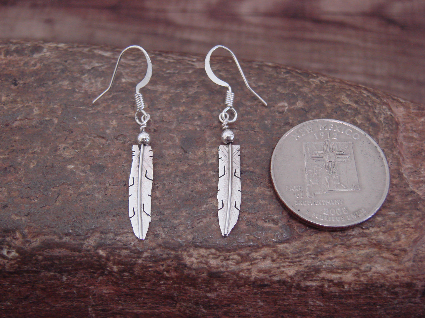Native American Navajo Indian Sterling Silver Feather Dangle Earrings by Arviso