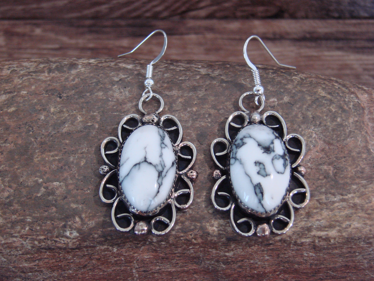 Native American Nickel Silver & Howlite Dangle Earrings - Cleveland