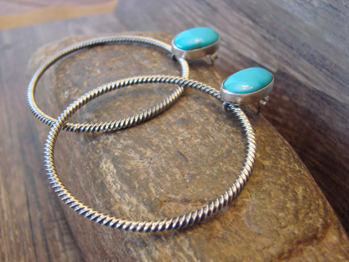 Native American Sterling Silver & Turquoise Hoop Post Earrings - Betone