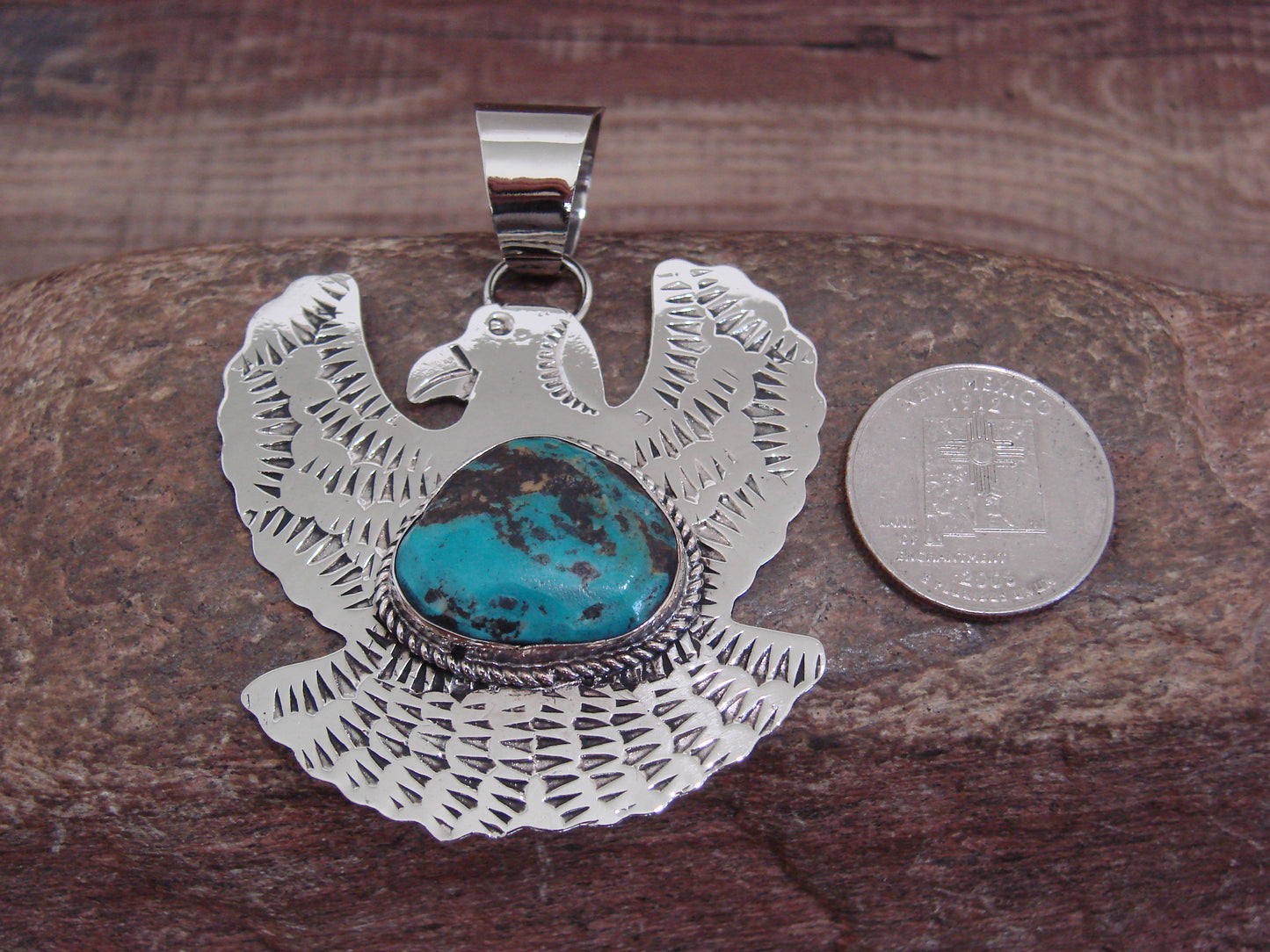Native American Nickel Silver & Turquoise Eagle Pendant - Cleveland