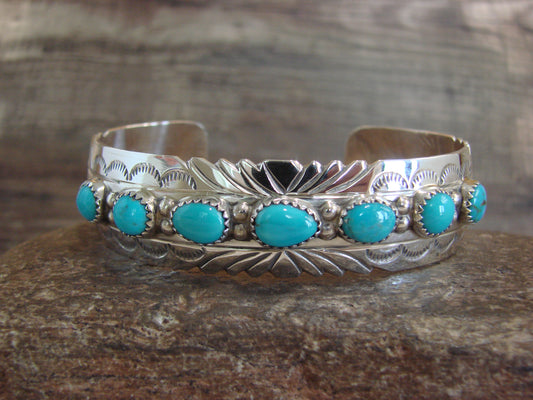 Native American Sterling Silver & Turquoise Row Bracelet by Segar