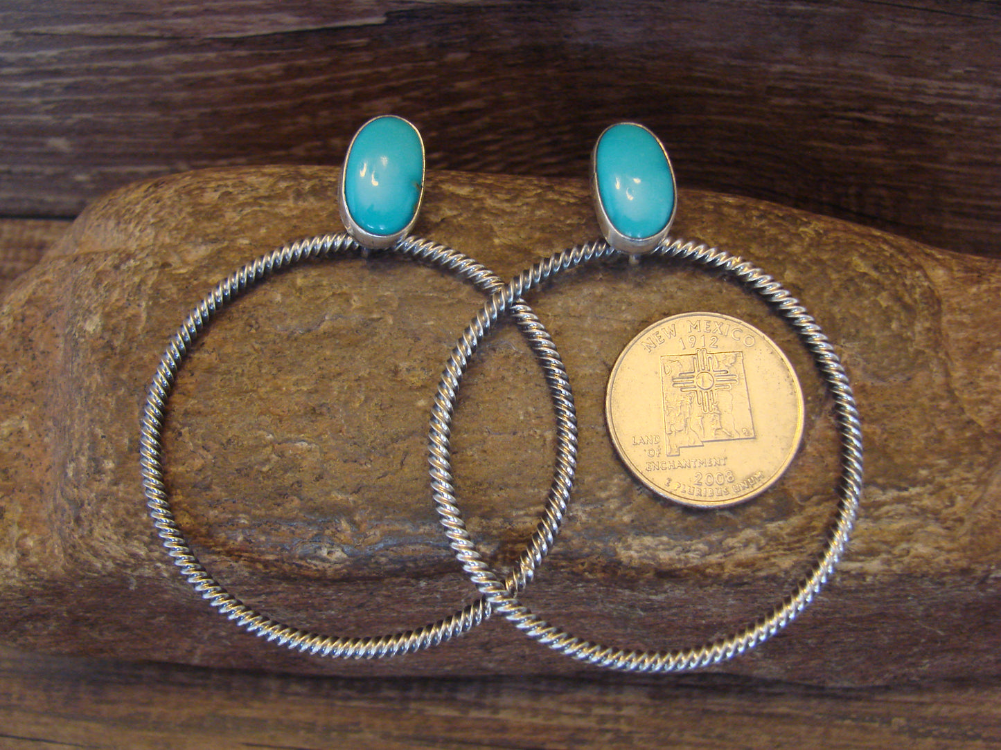 Native American Sterling Silver & Turquoise Hoop Post Earrings - Betone
