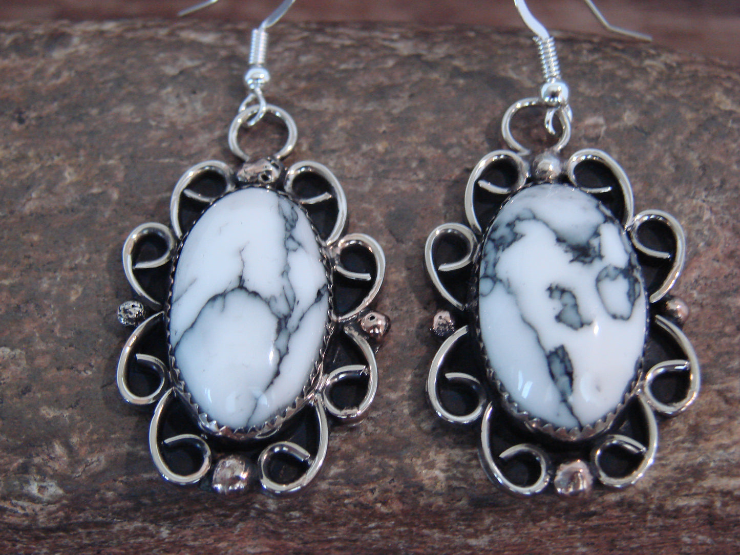 Native American Nickel Silver & Howlite Dangle Earrings - Cleveland