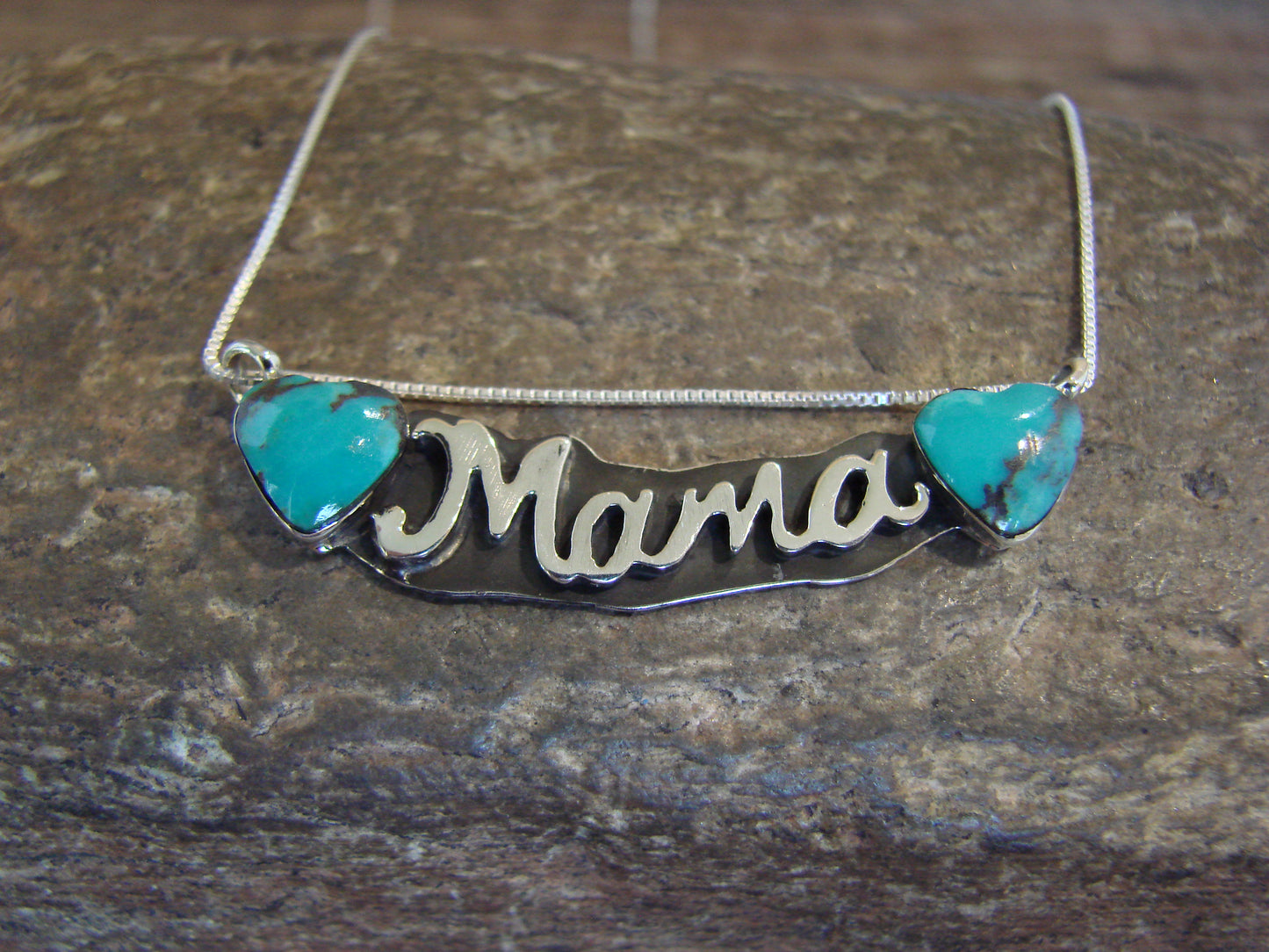 Native American Sterling Silver & Turquoise Heart Mama Necklace Signed Yazzie