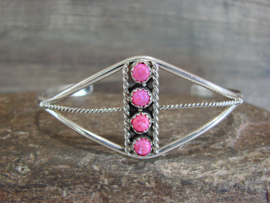 Native American Sterling Silver Pink Opal Inlay Row Bracelet - Spencer
