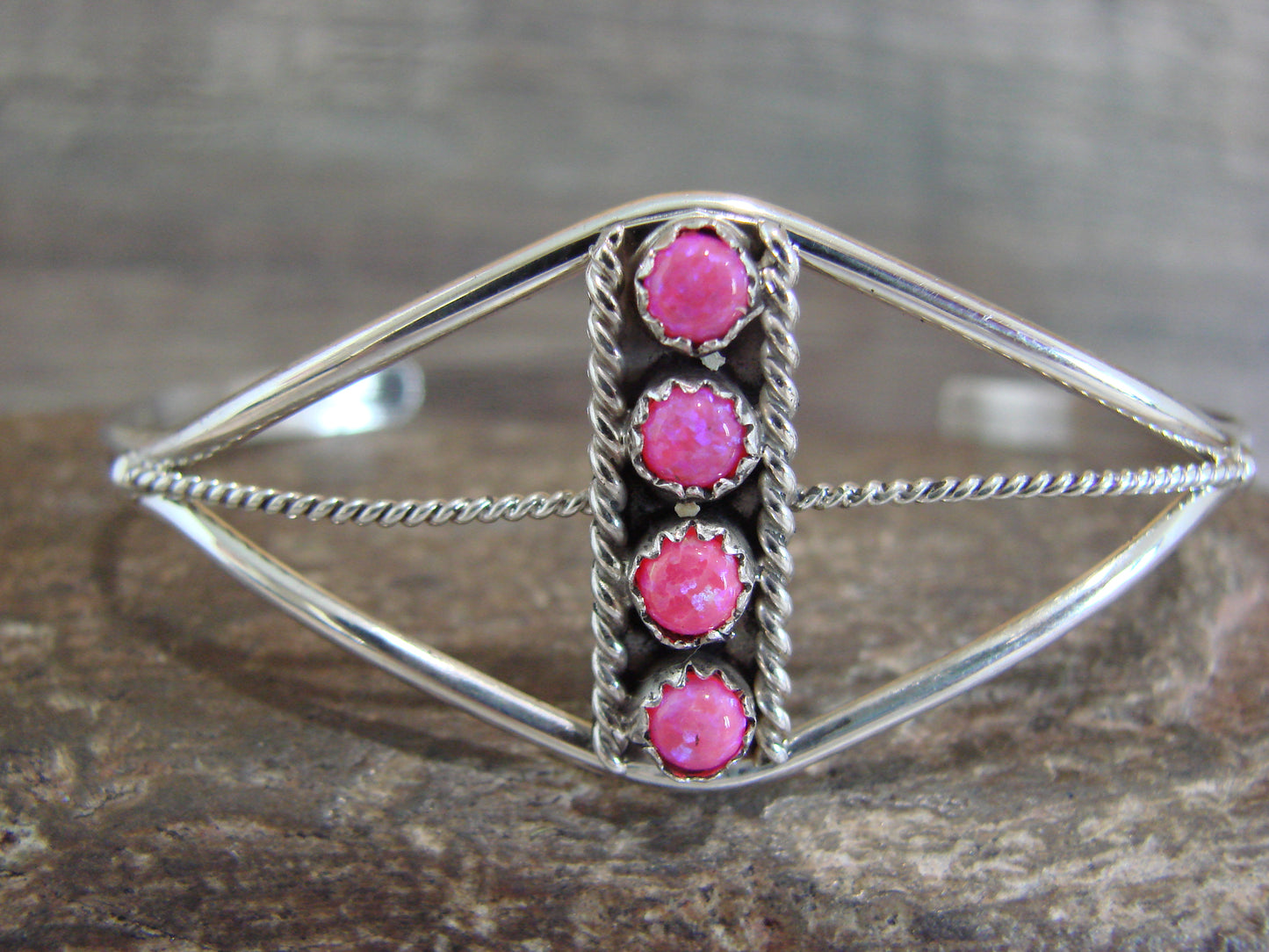 Native American Sterling Silver Pink Opal Inlay Row Bracelet - Spencer