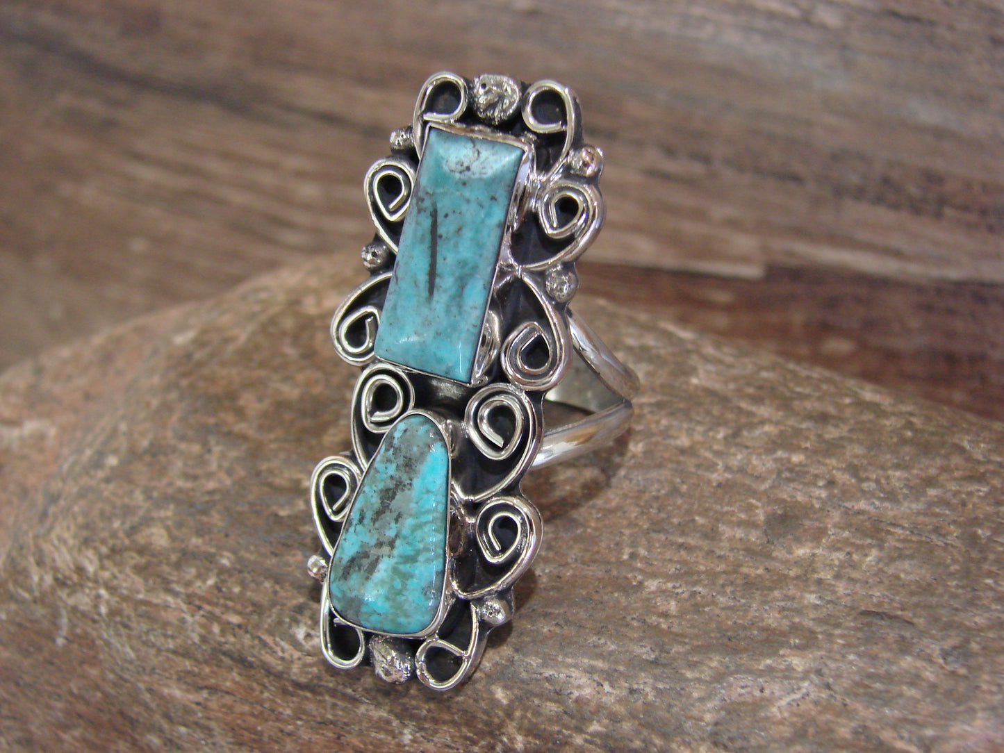 Native American Nickel Silver & Turquoise Ring by Cleveland - Size 11.5