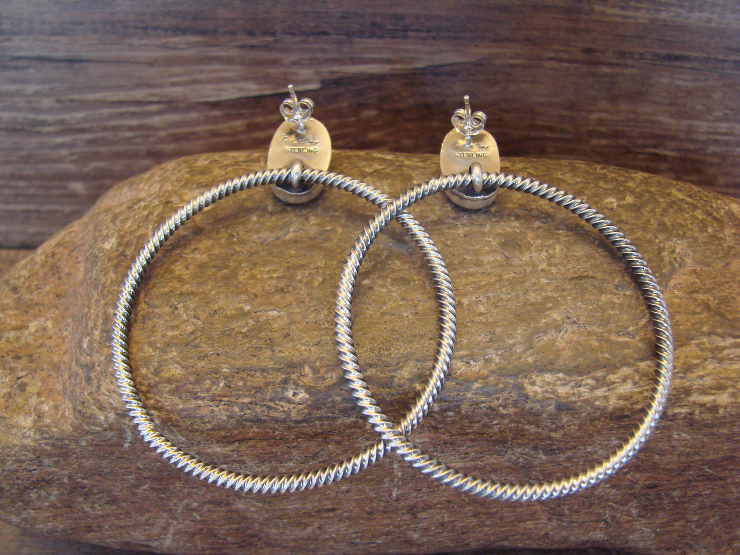 Native American Sterling Silver & Turquoise Hoop Post Earrings - Betone