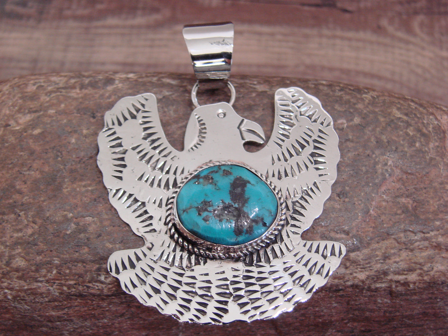 Native American Nickel Silver & Turquoise Eagle Pendant - Cleveland