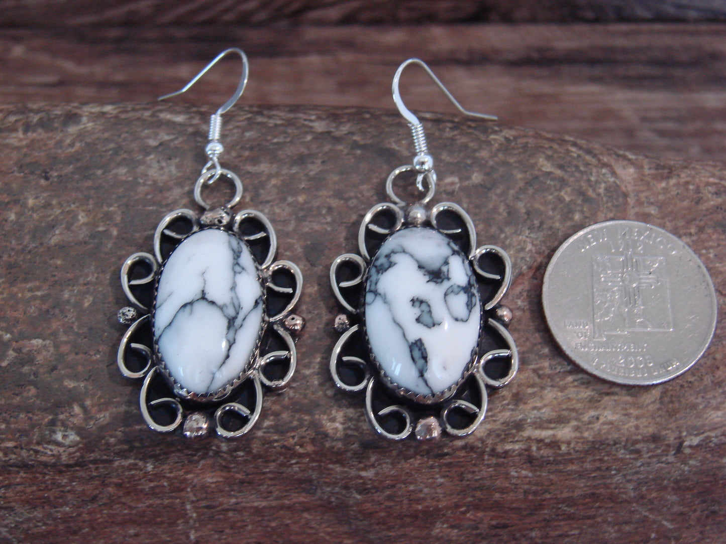 Native American Nickel Silver & Howlite Dangle Earrings - Cleveland