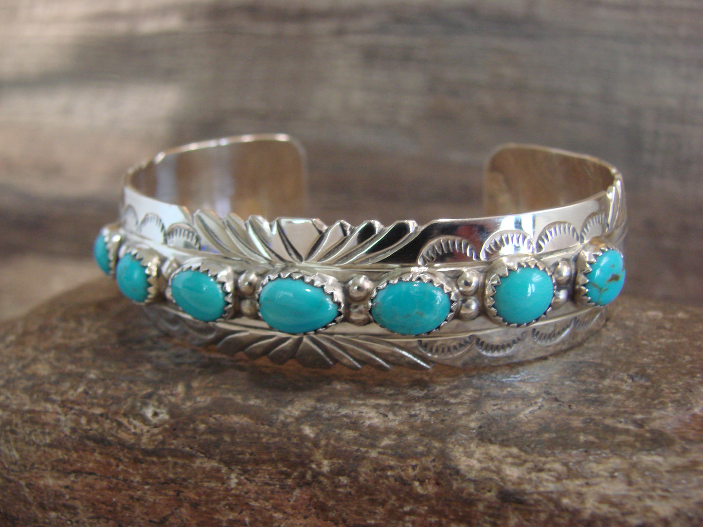 Native American Sterling Silver & Turquoise Row Bracelet by Segar