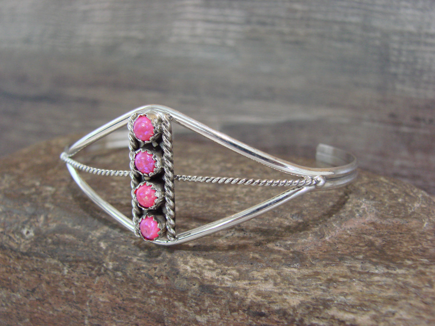Native American Sterling Silver Pink Opal Inlay Row Bracelet - Spencer