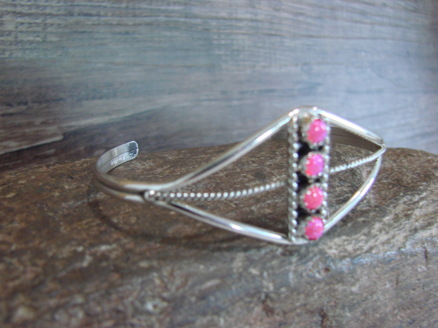Native American Sterling Silver Pink Opal Inlay Row Bracelet - Spencer