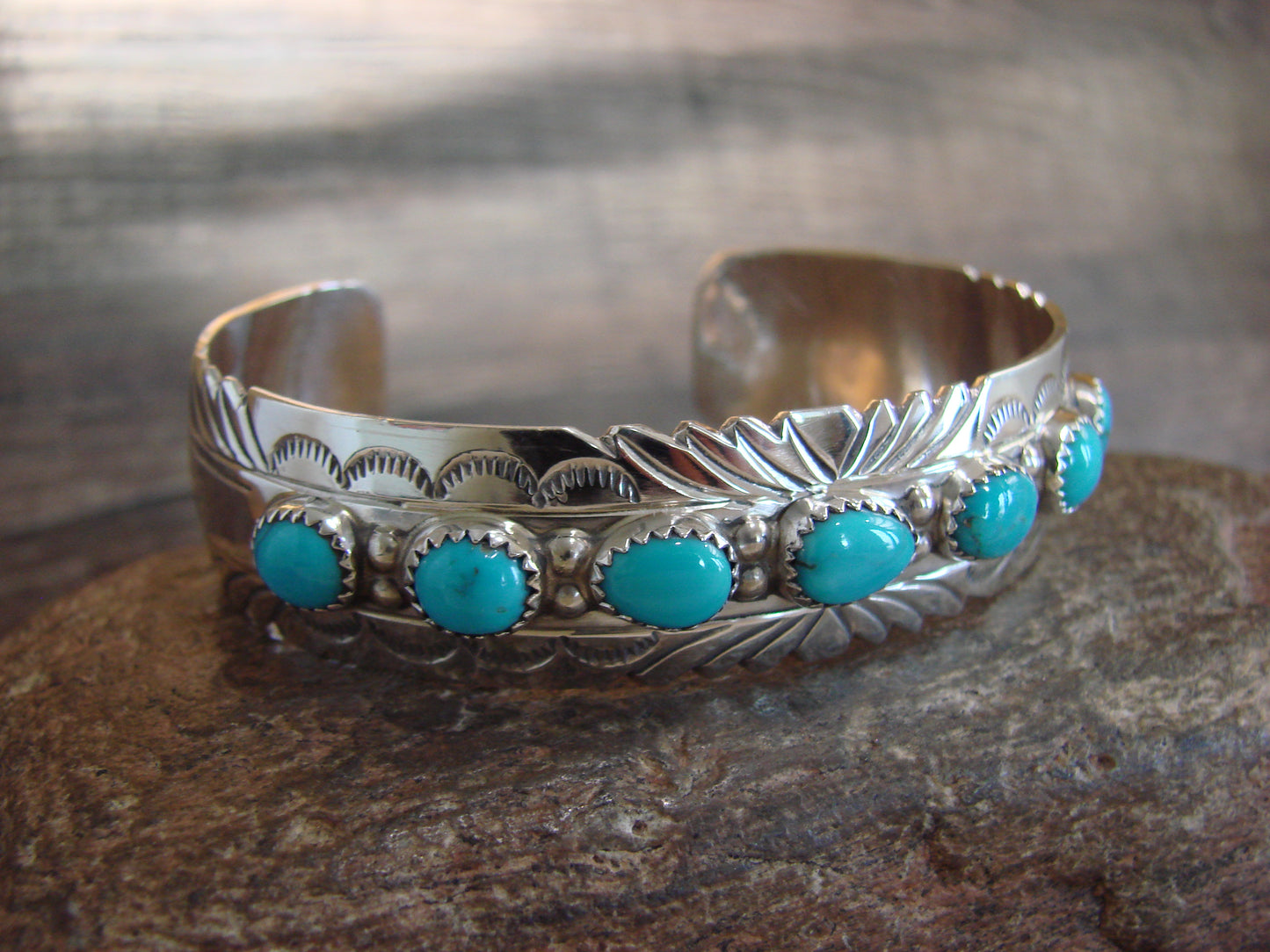 Native American Sterling Silver & Turquoise Row Bracelet by Segar
