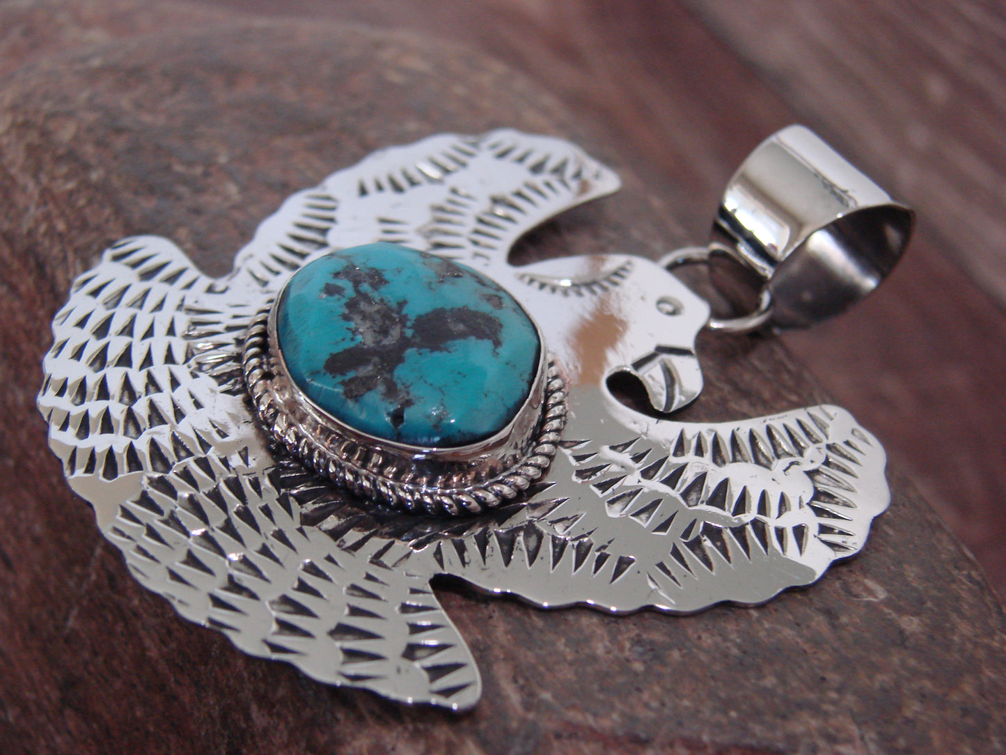 Native American Nickel Silver & Turquoise Eagle Pendant - Cleveland