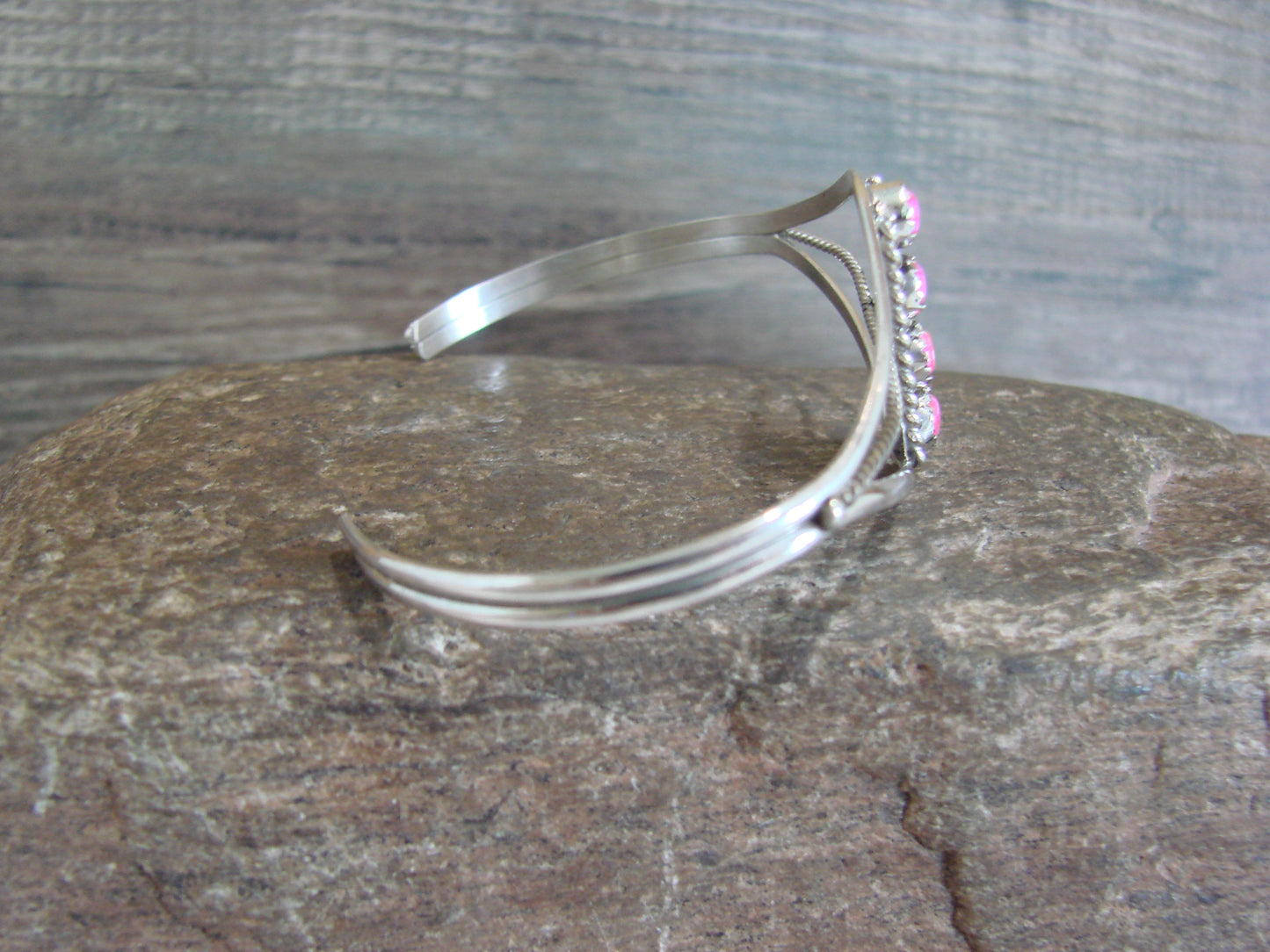 Native American Sterling Silver Pink Opal Inlay Row Bracelet - Spencer