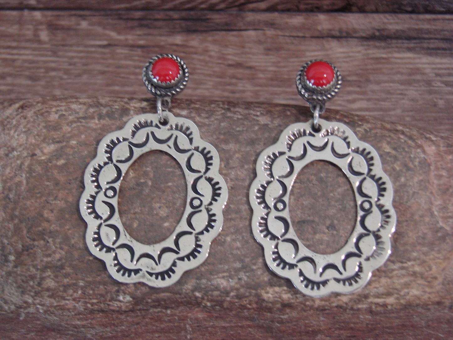 Native American  Nickel Silver & Coral Dangle Post Earrings - Cleveland