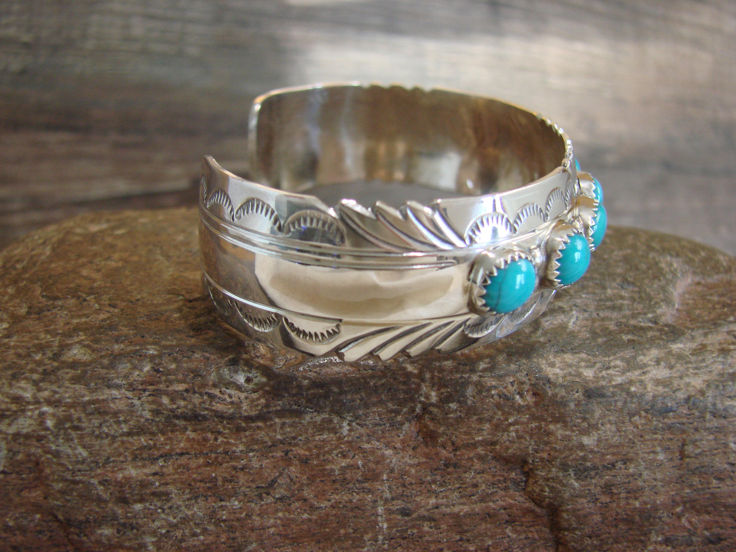 Native American Sterling Silver & Turquoise Row Bracelet by Segar