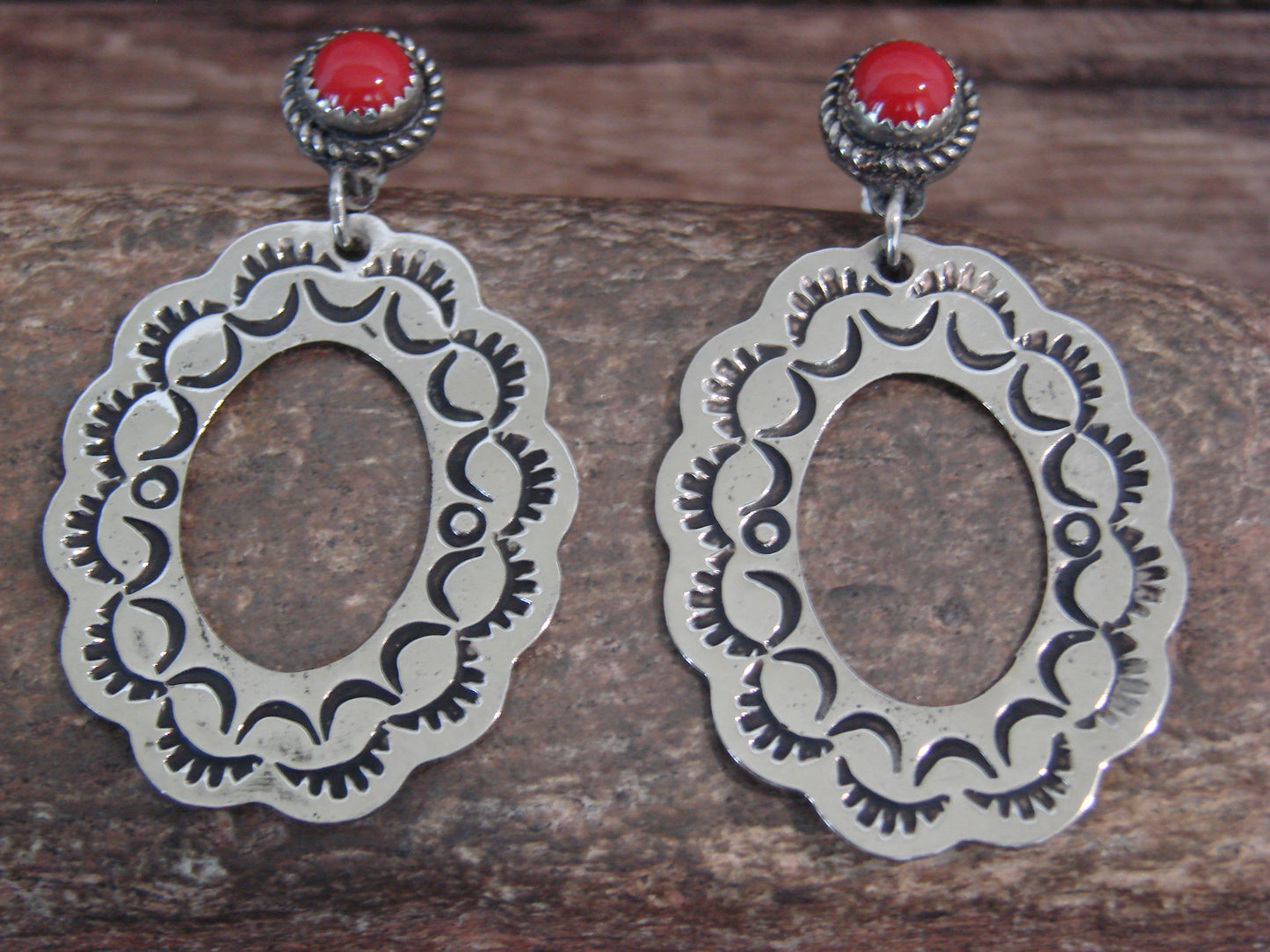 Native American  Nickel Silver & Coral Dangle Post Earrings - Cleveland